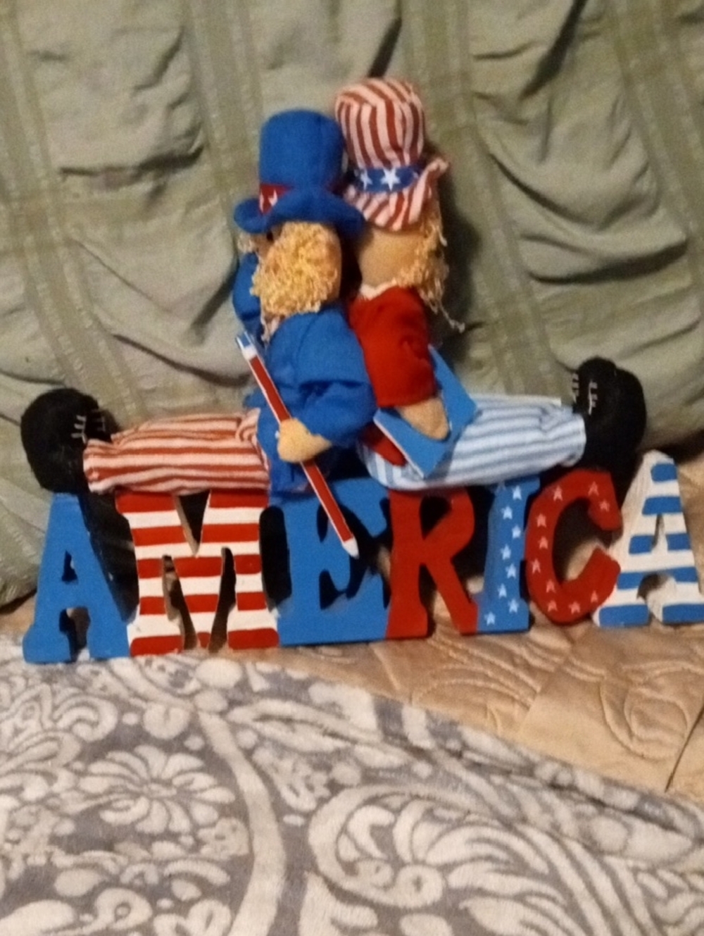 Source Unknown Red White and Blue 'AMERICA' Table Decor with Patriotic Dolls